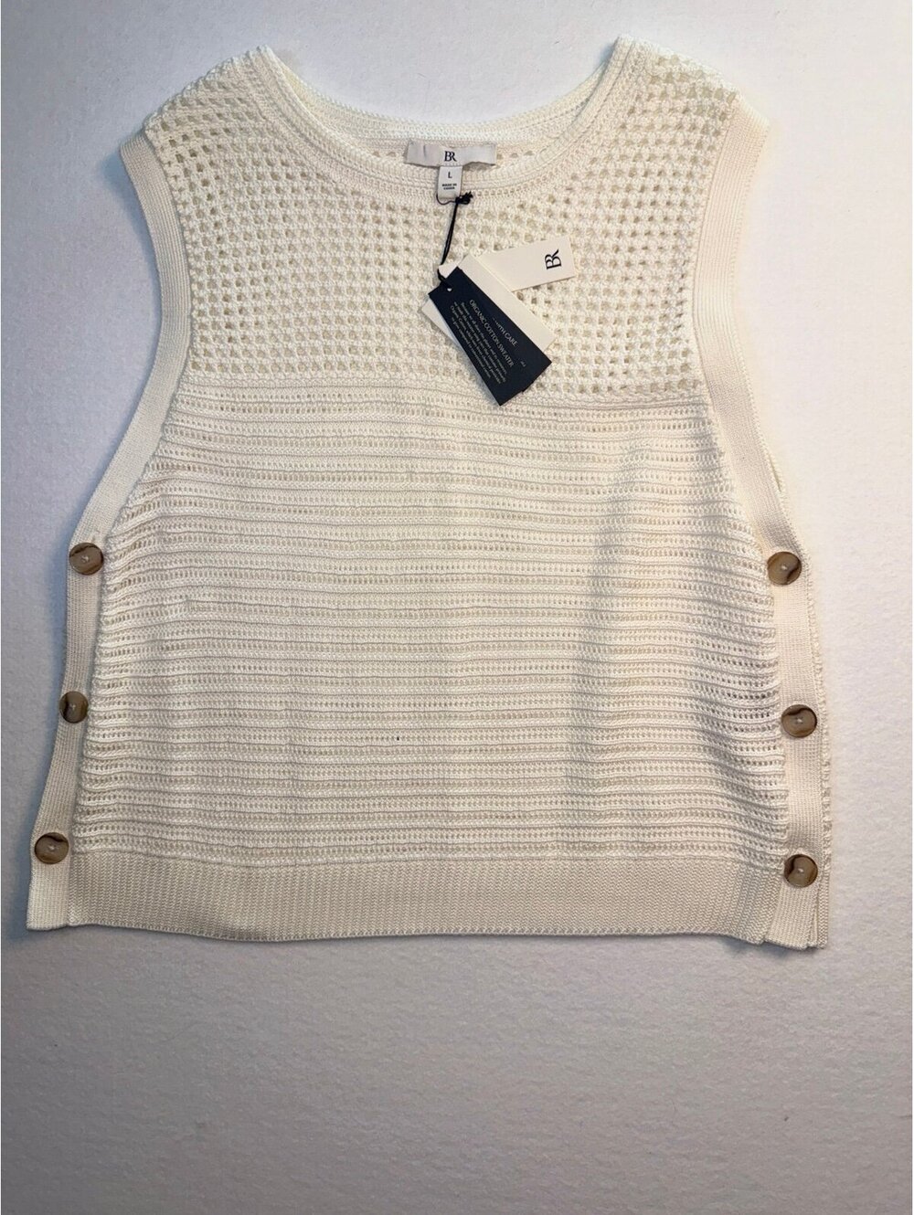 NWT BR Factory Ivory Cotton Crochet Sweater Vest Side Button Coastal Cottagecore